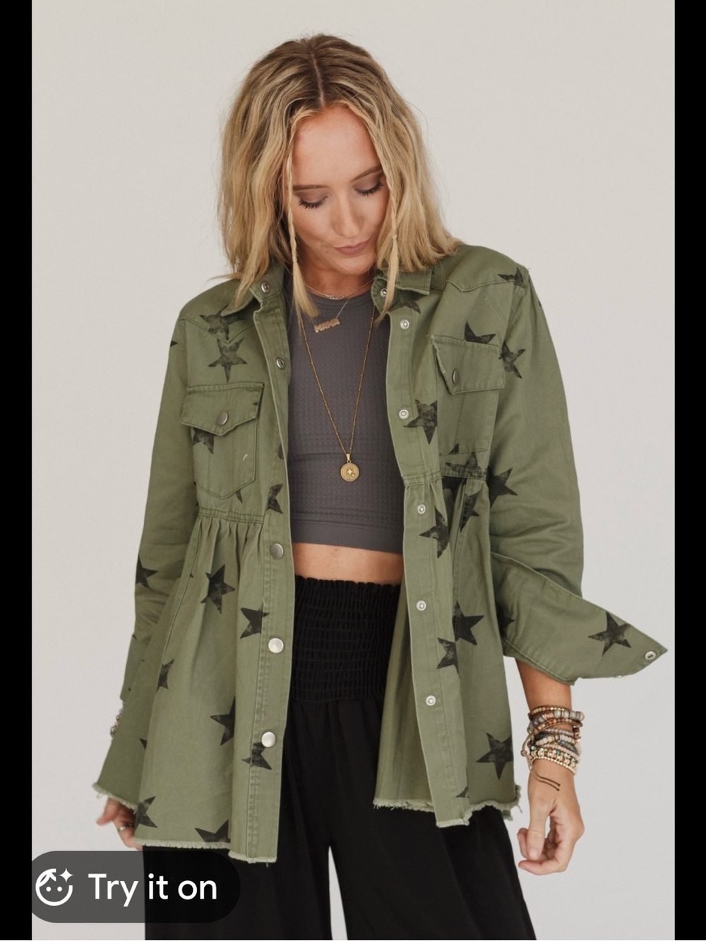 J. NNA Olive Baby Doll Green Star-Print Button Front Jacket